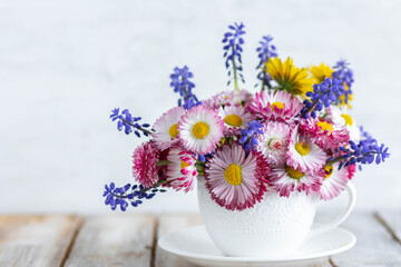 Greeting holiday card template with summer fresh bright daisy flowers in a white porcelaine mug. Summertime inspiration, colourful floral composition for Mother's or Women's day, anniversary, birthday