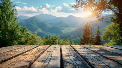 Wooden Table Overlooking Mountains