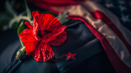 American flag waving beside the tombstone. Wild red poppies grow on the hero's grave, Illustration of United States of America memorial day celebration, copy space