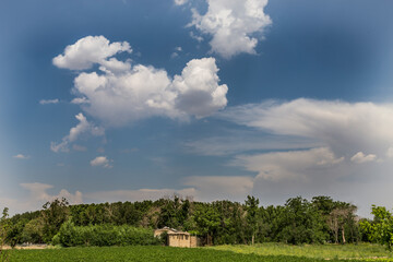 Obraz premium A cottage in the middle of agricultural fields in the countryside of Esfahan, Iran with a charming semi cloudy blue sky in details