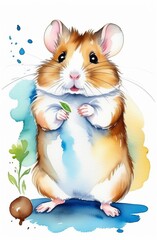 Watercolor hamster with a sprout, watercolor illustration