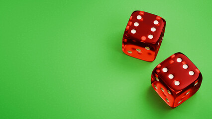 Gambling game banner. Two red dice on the green table. 3d render.