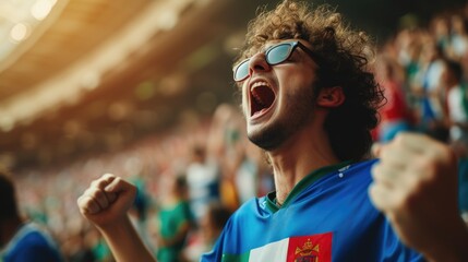 A happy fan at a public event in a stadium, holding an Italian flag with a smile and making a...