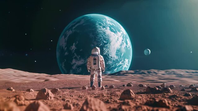 Astronaut gazing at distant earth from Mars