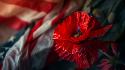 American flag waving beside the tombstone. Wild red poppies grow on the hero's grave, Illustration of United States of America memorial day celebration, copy space