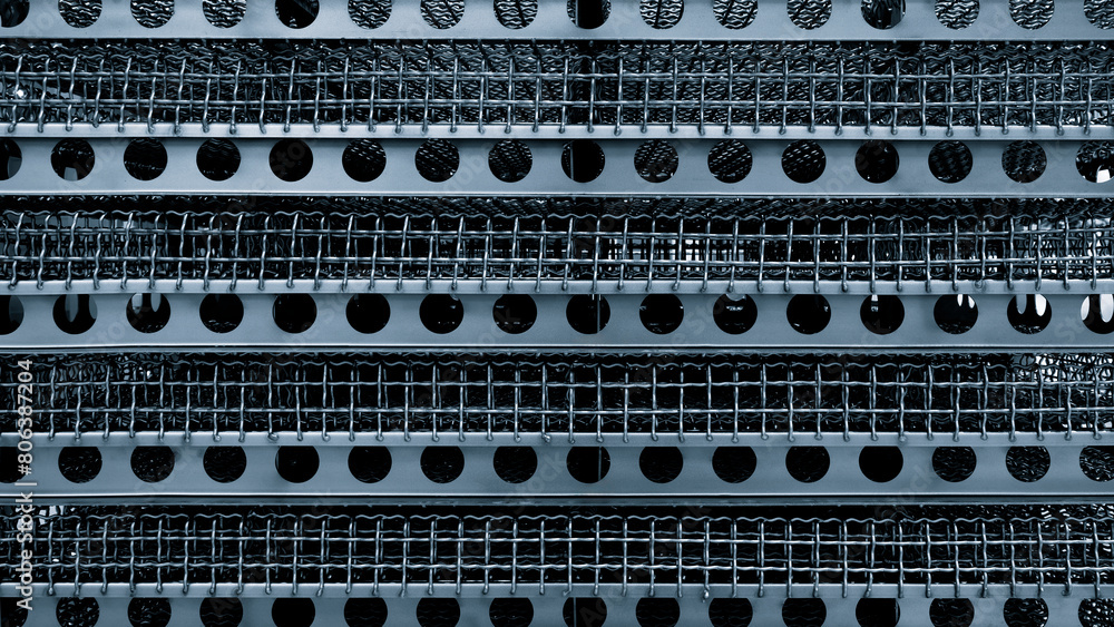 Aufkleber a close up of a metal mesh with many holes. the holes are of various sizes and are arranged in a gri