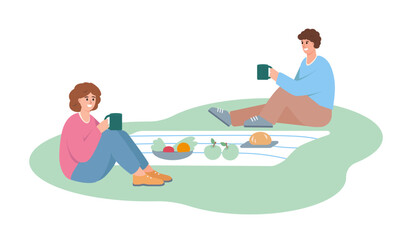 Smiling man and woman on picnic. Tourist camping concept. Summer vocation vector illustrations isolated on white background.