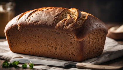 Freshly baked bread loaf on table