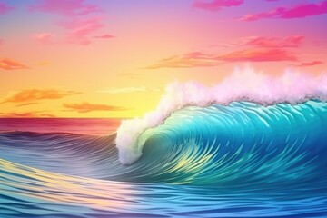 A digital painting of a large wave with a sunset in the background. AIG51A.
