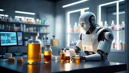 Robot working and doing research and development in a medical laboratory on vitamin D.