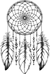 Attrape rêves - Dessin au trait line art, vecteur noir avec contour isolé fond transparent. Style minimaliste, peut convenir a page de livre de coloriage, journal, agenda, cahier.