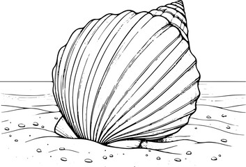 Coquillage sur le sable - Dessin au trait line art, vecteur noir avec contour isolé fond transparent. Style minimaliste, peut convenir a page de livre de coloriage, journal, agenda, cahier.
