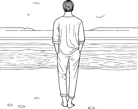 Homme de dos face a la mer - Dessin au trait line art, vecteur noir avec contour isolé fond transparent. Style minimaliste, peut convenir a page de livre de coloriage, journal, agenda, cahier.