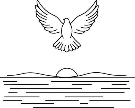 Colombe simple en vol  - Dessin au trait line art, vecteur noir avec contour isol&eacute; fond transparent. Style minimaliste, peut convenir a page de livre de coloriage, journal, agenda, cahier.