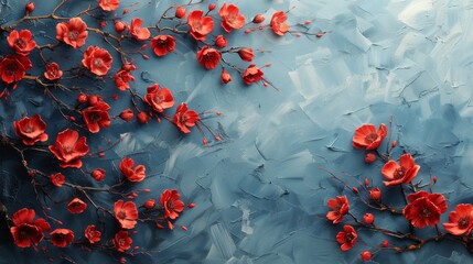 Fototapeta premium Red Flowers on Blue Background
