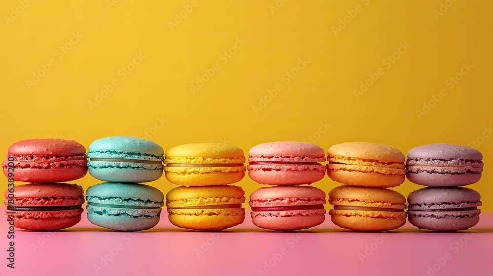 Poster a row of colorful macarons on a yellow background. the macarons are arranged in a neat stack, with e