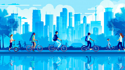 Group of people walking on bicycles