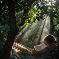 Relaxing in a hammock, surrounded by the tranquil landscape of trees and grass, a person enjoys leisurely reading a book under the shade of a terrestrial plant AIG50
