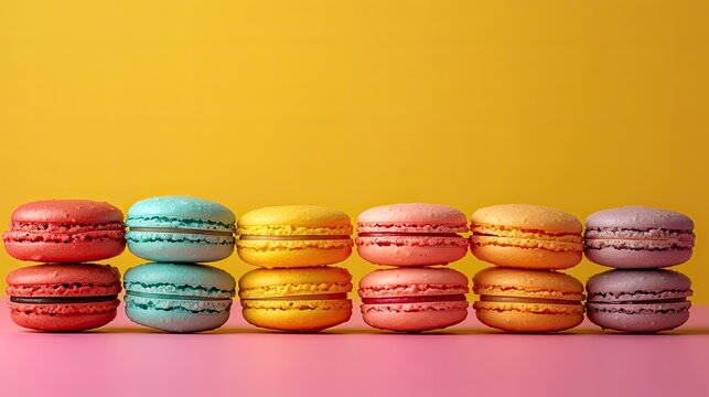 A row of colorful macarons on a yellow background. The macarons are arranged in a neat stack, with each one having a different color. Concept of variety and abundance