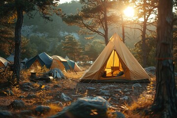 Adventures Camping tourism and tent under the view pine forest landscape near water outdoor in morning and sunset sky
