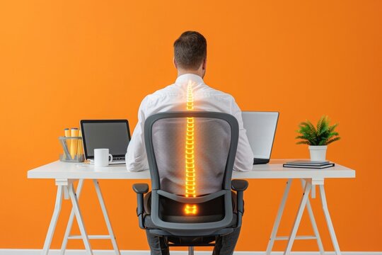 Business Professional Suffering from Back Pain with Glowing Spine Effect - Ergonomic Injury, Office Health Initiatives, Physiotherapy Practices