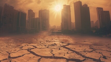 A deserted city under the effects of global warming The sun stares down on the cracked concrete and abandoned buildings.