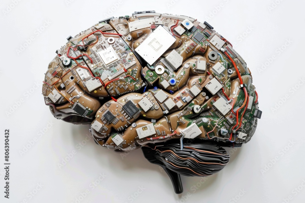 Poster human brain model covered in electronic circuits and components on a white background. conceptual ar