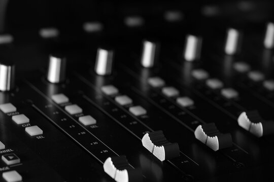 Audio mixing console , mixer , audio fader for volume regulation. Mixing and Mastering service , recording studio