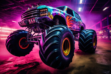 Neon-Lit Monster Truck in Action in Mid-Air