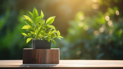 Small plant in a pot on a wooden table against blurred background of foliage in sunlight.