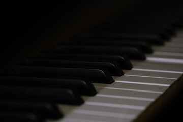 Piano Keyboard close up, Synth , musical instrument , black and white keyboard of a piano, music