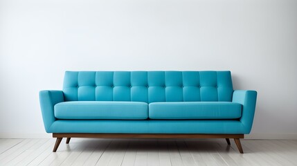Elegant sky blue Sofa in a light Room. Blank Wall for Mockup Templates