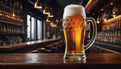 Glass of beer on a bar counter in a pub or restaurant, Oktoberfest celebration, international beer day concept