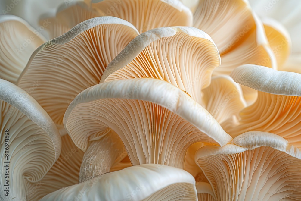 Poster a close up of a large group of white mushrooms. the mushrooms are arranged in a way that creates a s