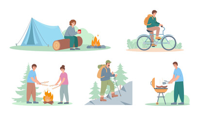 Fototapeta premium Camping people set. Happy men and women characters relaxing in nature. Summer tourist vocation vector illustrations isolated on white background.
