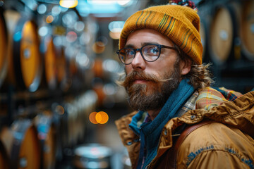 Artisanal brewer testing a new craft beer in a microbrewery, with barrels and brewing equipment in the background. AI generated.