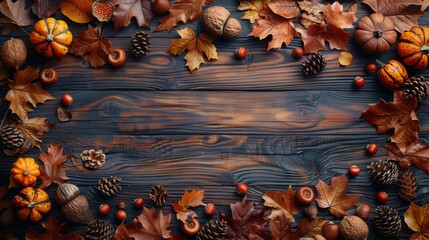 Wooden Table Covered With Leaves and Acorns