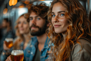 Group of friends enjoying a brewery tour, tasting various craft beers with a guide explaining brewing processes. AI generated.