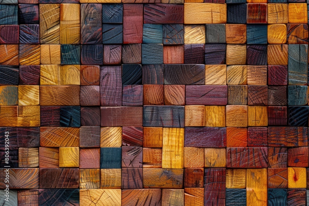 Aufkleber a colorful wall made of wooden blocks. the blocks are of different colors and sizes, creating a uniq