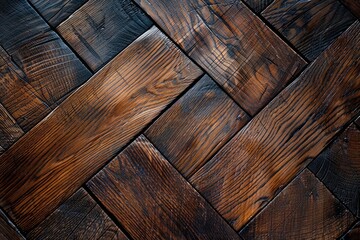 A wooden floor with a checkered pattern. The wood is dark brown and he is aged, giving the floor a rustic and vintage feel