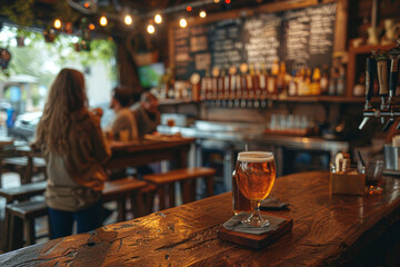 Cozy craft brewery interior with patrons at the bar sampling freshly brewed beers and discussing flavors. AI generated.