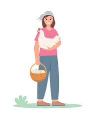 Farm girl with hens domestic poultry birds and eggs. Female agricultural Farmer character isolated on white background. Vector illustration.