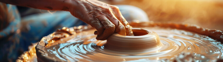 Weekend Pottery Class, Hands shaping clay on pottery wheel, Creative workshop, Copy space