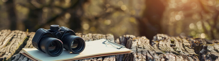 Bird Watching, Binoculars and notepad in natural setting, Wildlife observation, Copy space