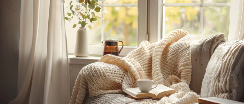 Reading Nook, Cozy corner with books and tea, Relaxing weekend, Copy space