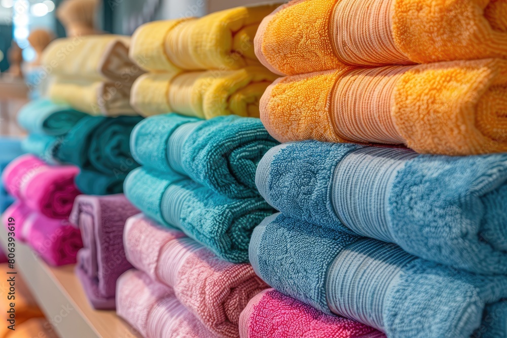 Poster a stack of colorful towels on a shelf. the towels are in various colors, including blue, pink, and y