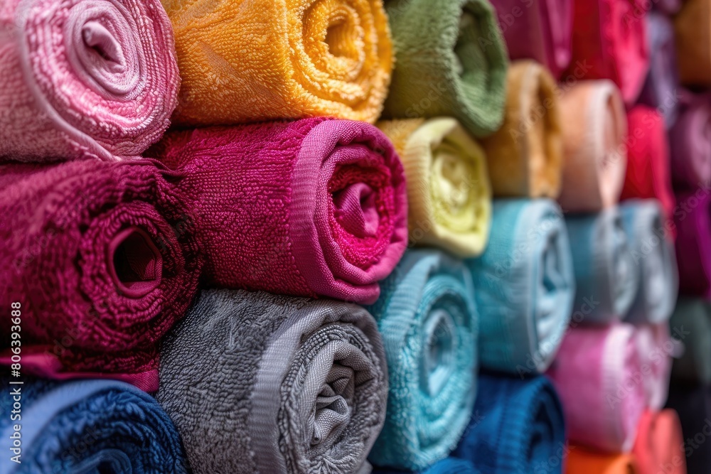 Poster a row of colorful towels stacked on top of each other. the towels are of different colors and sizes,