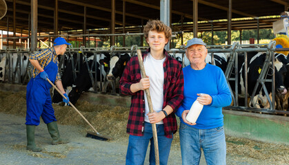 Positive aged man dairy farm owner standing with teen grandson near stalls with cows on sunny...