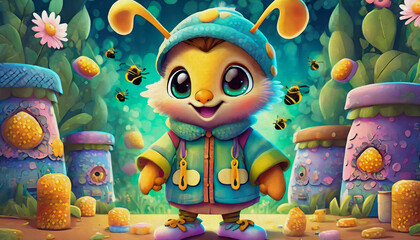 oil painting style cartoon character baby bees with honey and hives