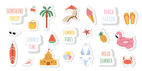 Cute set of summer stickers. Icons for tropical vacation. Seasonal elements collection. Positive inscriptions.  White isolated background.
